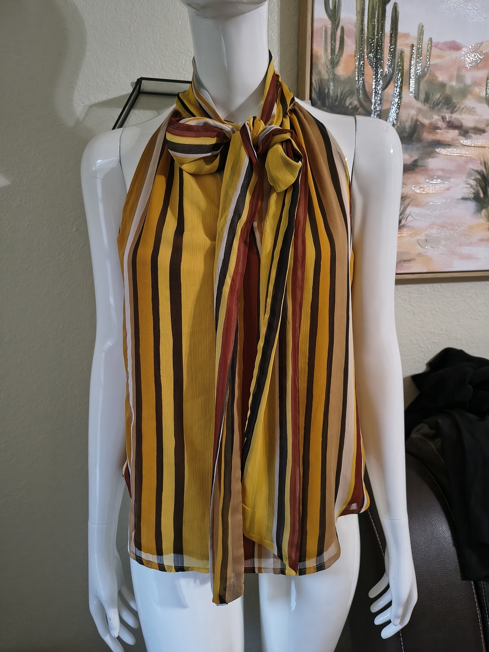 Striped Halter Tie-Neck Blouse - Mustard Multi